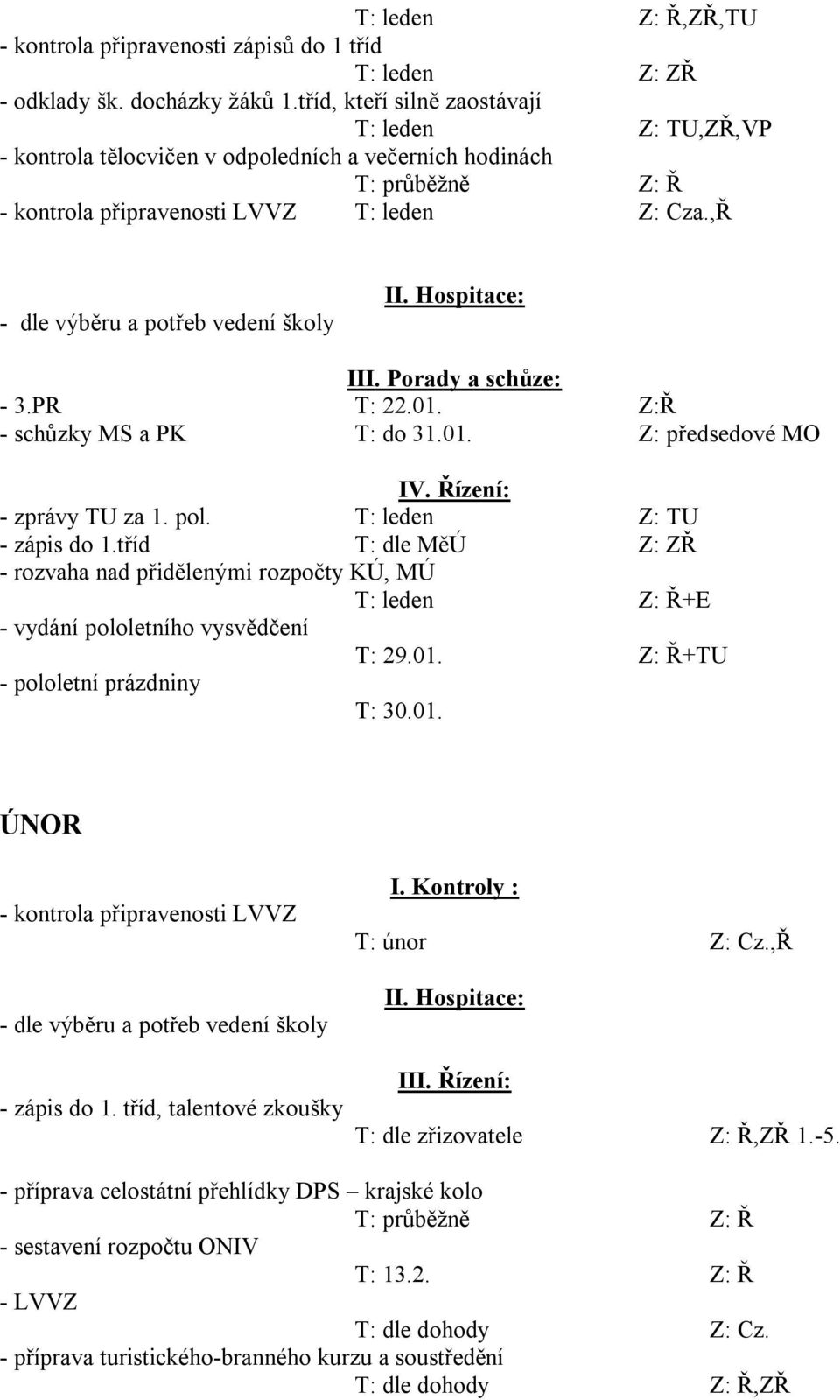 PR T: 22.01. Z:Ř - schůzky MS a PK T: do 31.01. Z: předsedové MO IV. Řízení: - zprávy TU za 1. pol. T: leden Z: TU - zápis do 1.