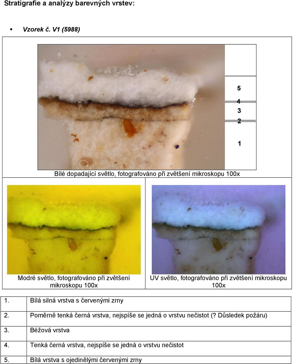 mikroskopu 100x UV světlo, fotografováno při zvětšení mikroskopu 100x 1. Bílá silná vrstva s červenými zrny 2.