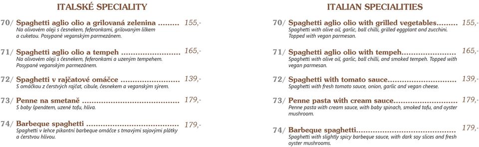 .. Na olivovém oleji s česnekem, feferonkami a uzeným tempehem. Posypané veganským parmezánem. 71/ Spaghetti aglio olio with tempeh... Spaghetti with olive oil, garlic, ball chilli, and smoked tempeh.