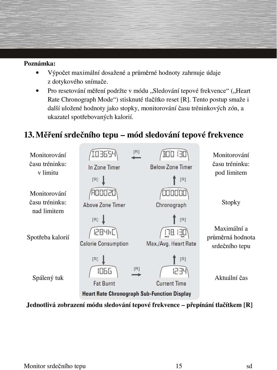 Tento postup smaže i další uložené hodnoty jako stopky, monitorování času tréninkových zón, a ukazatel spotřebovaných kalorií. 13.