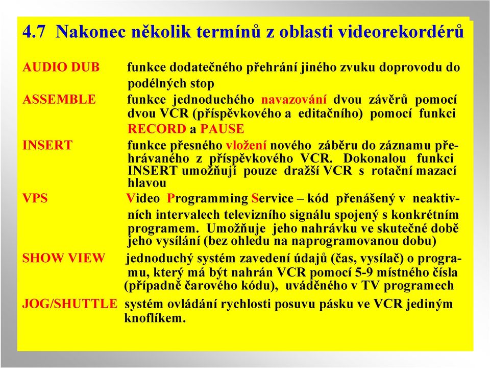 Dokonalou funkci INSERT umožňují pouze dražší VCR s rotační mazací hlavou VPS Video Programming Service kód přenášený v neaktivních intervalech televizního signálu spojený s konkrétním programem.