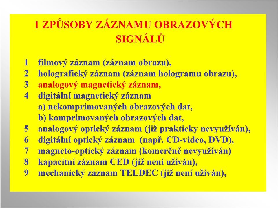 obrazových dat, 5 analogový optický záznam (již prakticky nevyužíván), 6 digitální optický záznam (např.