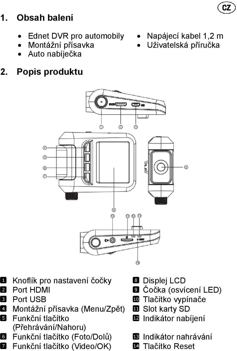 Popis produktu 1 2 3 4 5 6 7 Knoflík pro nastavení čočky Port HDMI Port USB Montážní přísavka (Menu/Zpět) Funkční