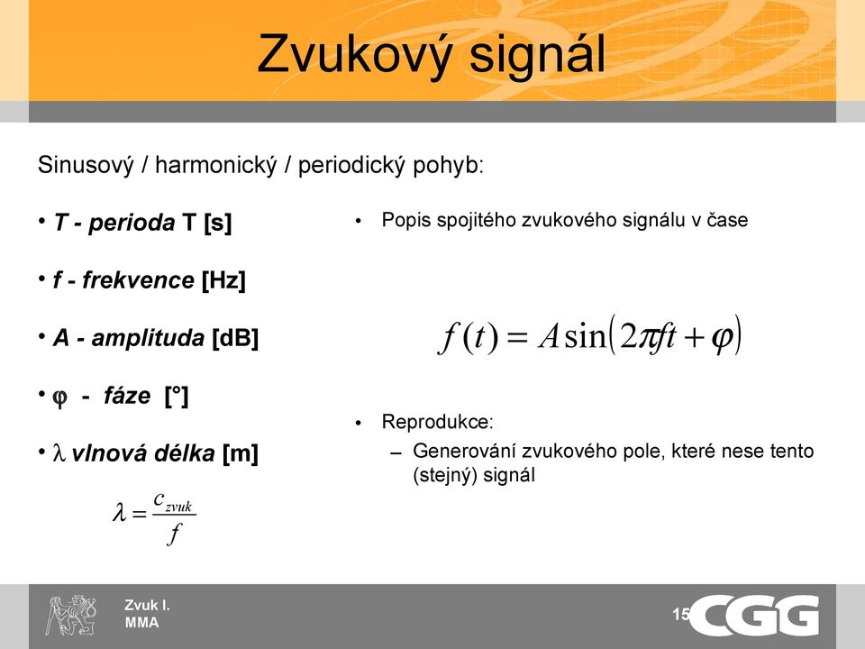 [db] ϕ - fáze [ ] λ vlnová délka [m] λ= c zvuk f f (t ) = A sin ( 2πft + ϕ