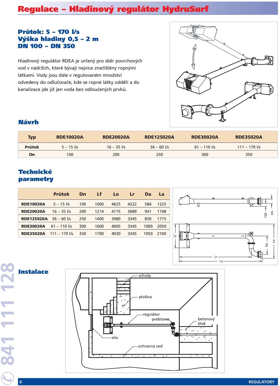 Návrh Typ RE10020 RE20020 RE125020 RE30020 RE35020 Průtok 5 15 l/s 16 35 l/s 36 60 l/s 61 110 l/s 111 170 l/s n 100 200 250 300 350 Technické parametry Průtok n Lf Lo Lr a La RE10020 5 15 l/s 100