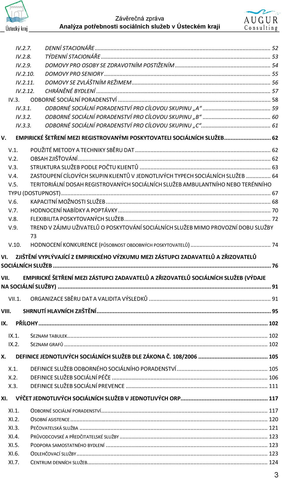 .. 60 IV.3.3. ODBORNÉ SOCIÁLNÍ PORADENSTVÍ PRO CÍLOVOU SKUPINU C... 61 V. EMPIRICKÉ ŠETŘENÍ MEZI REGISTROVANÝMI POSKYTOVATELI SOCIÁLNÍCH SLUŽEB... 62 V.1. POUŽITÉ METODY A TECHNIKY SBĚRU DAT... 62 V.2. OBSAH ZJIŠŤOVÁNÍ.