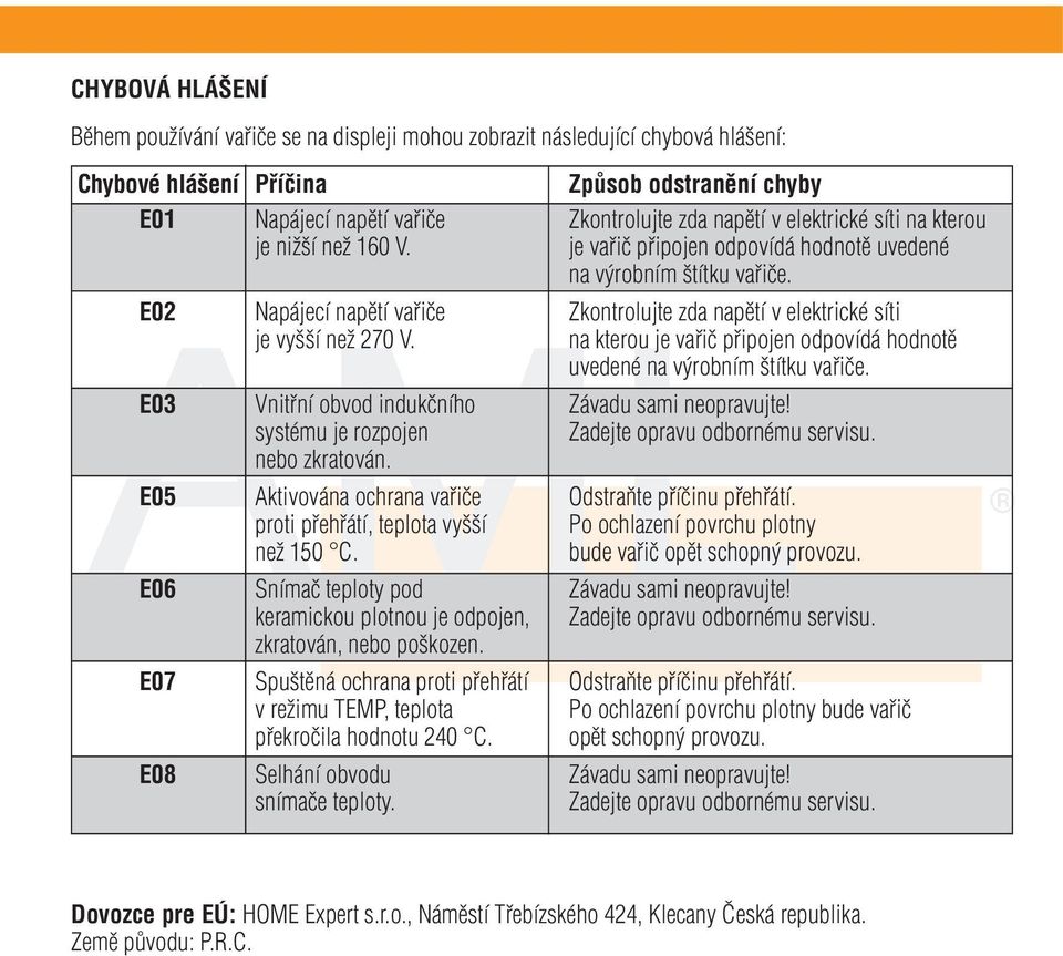 E02 Napájecí napětí vařiče Zkontrolujte zda napětí v elektrické síti je vyšší než 270 V. na kterou je vařič připojen odpovídá hodnotě uvedené na výrobním štítku vařiče.