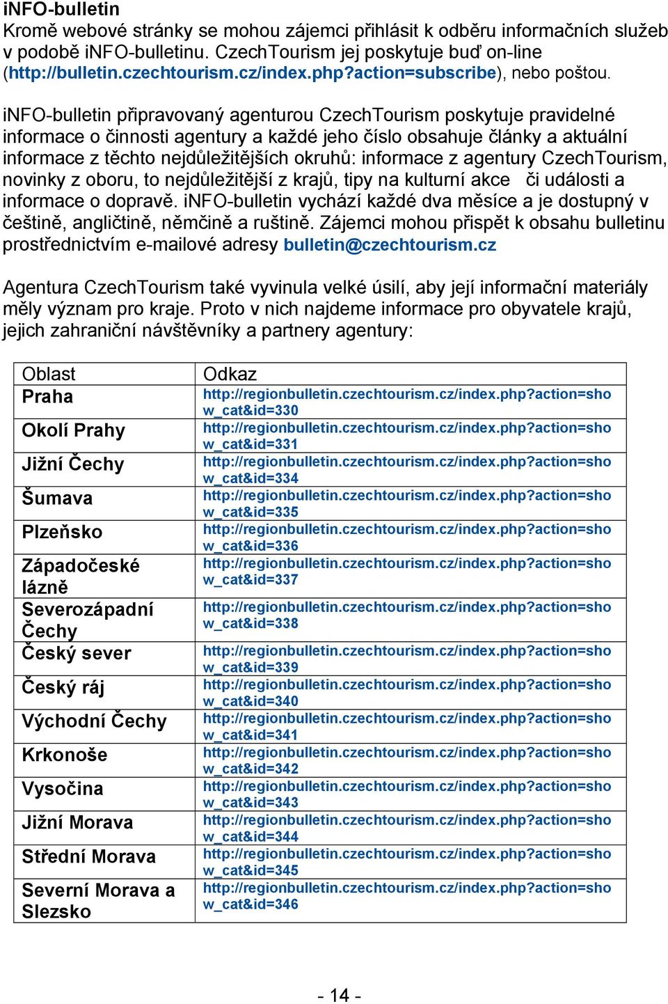 info-bulletin připravovaný agenturou CzechTourism poskytuje pravidelné informace o činnosti agentury a každé jeho číslo obsahuje články a aktuální informace z těchto nejdůležitějších okruhů: