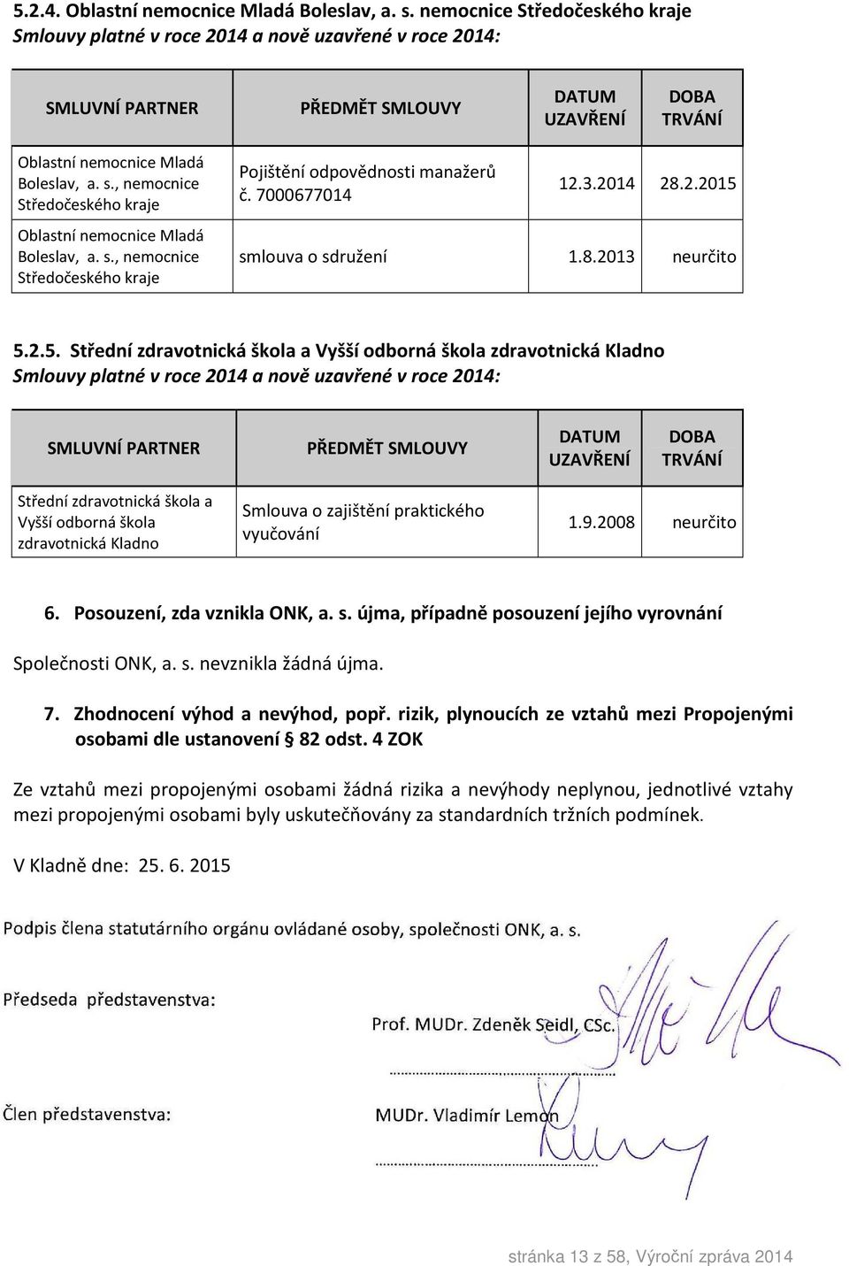 , nemocnice Středočeského kraje Oblastní nemocnice Mladá Boleslav, a. s., nemocnice Středočeského kraje Pojištění odpovědnosti manažerů č. 7000677014 12.3.2014 28.2.2015 smlouva o sdružení 1.8.2013 neurčito 5.