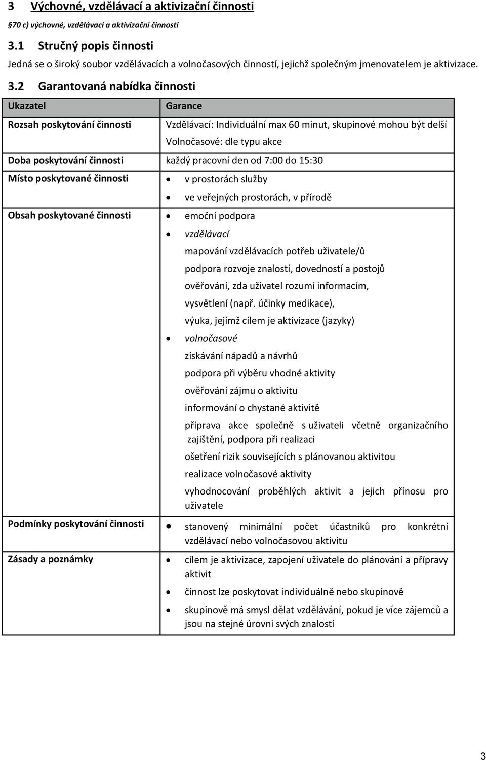 2 Garantovaná nabídka činnosti Vzdělávací: Individuální max 60 minut, skupinové mohou být delší Volnočasové: dle typu akce Místo poskytované činnosti v prostorách služby Obsah poskytované činnosti