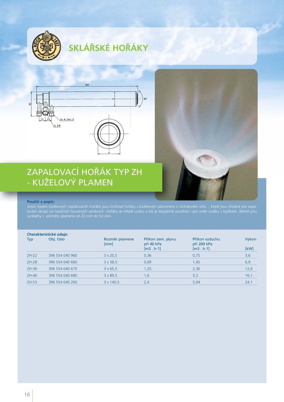 Běžně jsou vyráběny s průměry plamene od 22 mm do 53 mm. Typ Obj. číslo Rozměr plamene Příkon zem. plynu Příkon vzduchu Výkon [mm] při 40 kpa při 200 kpa [m3. h-1] [m3.