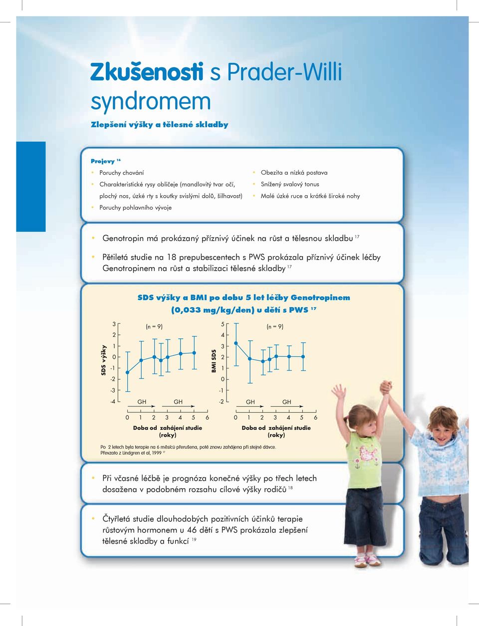 studie na 18 prepubescentech s PWS prokázala příznivý účinek léčby Genotropinem na růst a stabilizaci tělesné skladby 17 SDS výšky a BMI po dobu 5 let léèby Genotropinem (0,033 mg/kg/den) u dìtí s