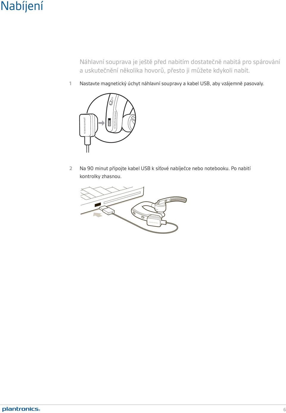 1 Nastavte magnetický úchyt náhlavní soupravy a kabel USB, aby vzájemně pasovaly.
