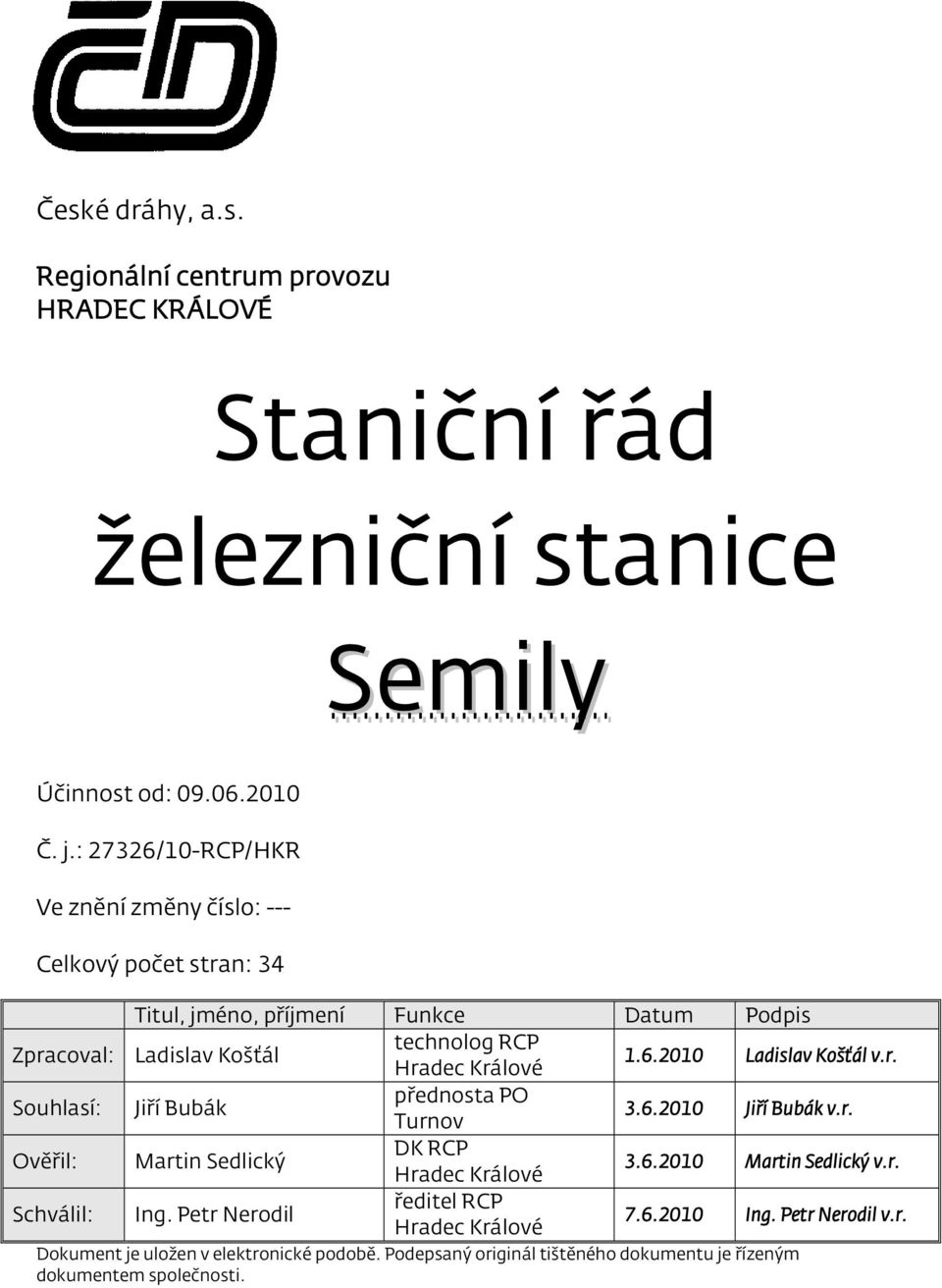 technolog RCP Hradec Králové 1.6.2010 Ladislav Košťál v.r. Jiří Bubák přednosta PO Turnov 3.6.2010 Jiří Bubák v.r. Martin Sedlický DK RCP Hradec Králové 3.6.2010 Martin Sedlický v.