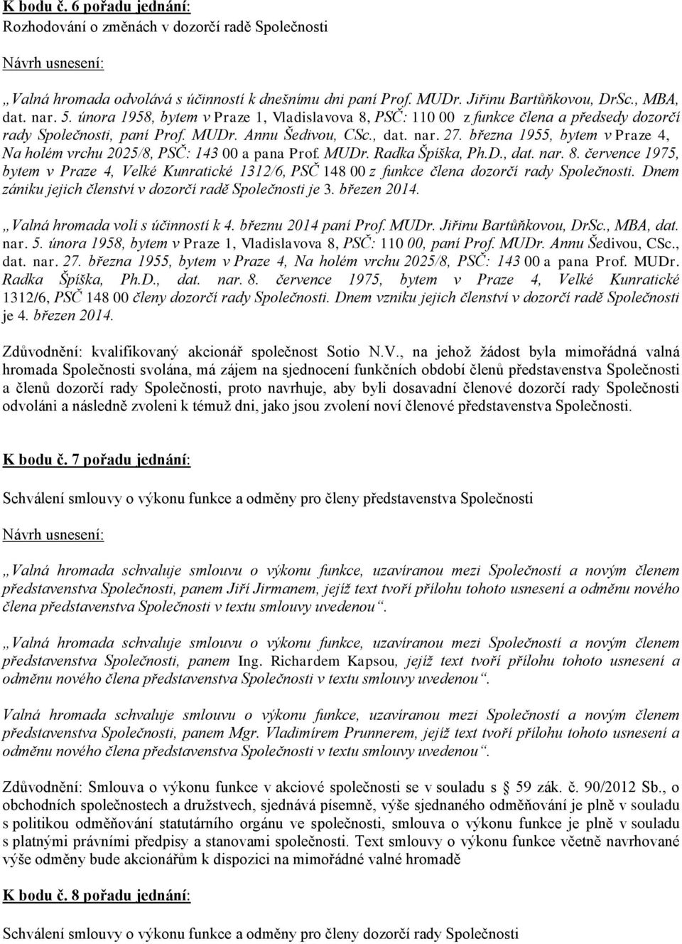 března 1955, bytem v Praze 4, Na holém vrchu 2025/8, PSČ: 143 00 a pana Prof. MUDr. Radka Špíška, Ph.D., dat. nar. 8.