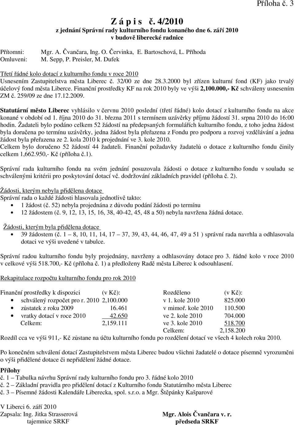 /00 ze dne 28.3.2000 byl zřízen kulturní fond (KF) jako trvalý účelový fond města Liberce. Finanční prostředky KF na rok 2010 byly ve výši 2,100.000,- Kč schváleny usnesením ZM č. 259/09 ze dne 17.12.