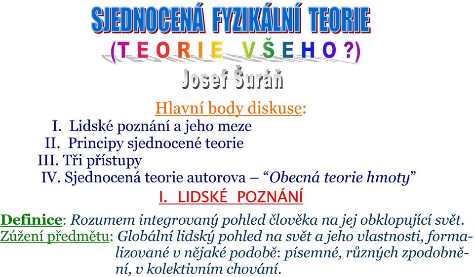 LIDSKÉ POZNÁNÍ Definice: Rozumem integrovaný pohled člověka na jej obklopující svět.