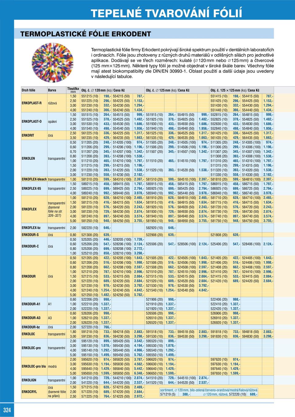 Některé typy fólií je možné objednat v široké škále barev. Všechny fólie mají atest biokompatibilty dle DIN/EN 30993-1. Oblast použití a další údaje jsou uvedeny v následující tabulce.