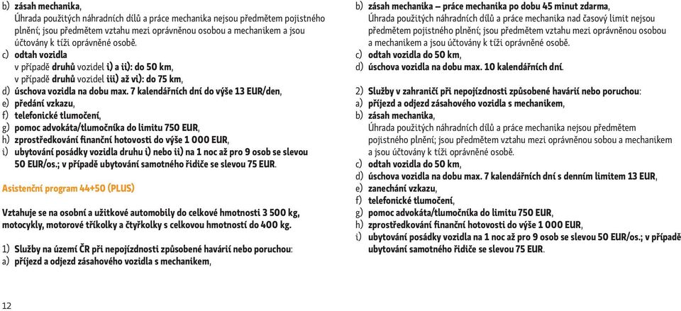 7 kalendářních dní do výše 13 EUR/den, e) předání vzkazu, f) telefonické tlumočení, g) pomoc advokáta/tlumočníka do limitu 750 EUR, h) zprostředkování finanční hotovosti do výše 1 000 EUR, i)