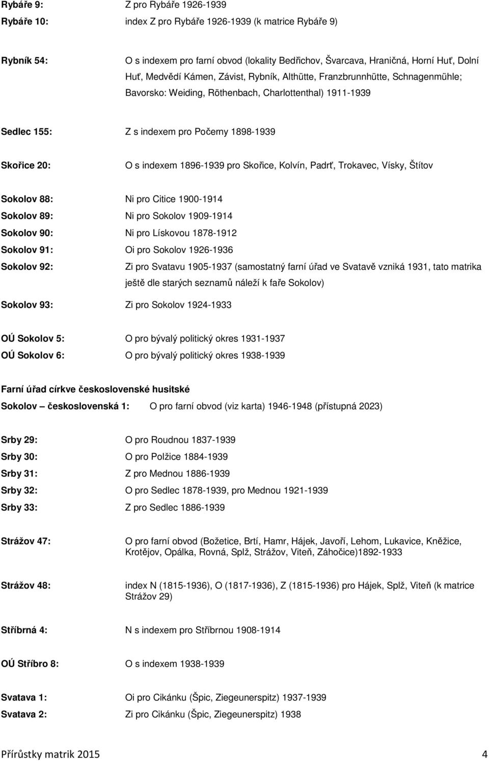 1896-1939 pro Skořice, Kolvín, Padrť, Trokavec, Vísky, Štítov Sokolov 88: Ni pro Citice 1900-1914 Sokolov 89: Ni pro Sokolov 1909-1914 Sokolov 90: Ni pro Lískovou 1878-1912 Sokolov 91: Oi pro Sokolov