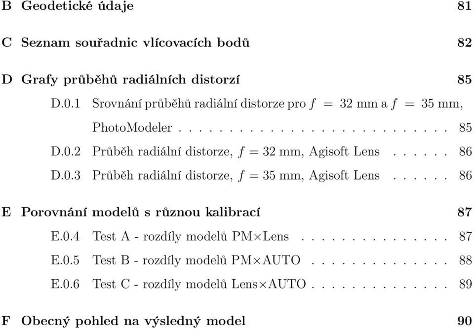 2 Průběh radiální distorze, f = 32 mm, Agisoft Lens...... 86 D.0.3 Průběh radiální distorze, f = 35 mm, Agisoft Lens.