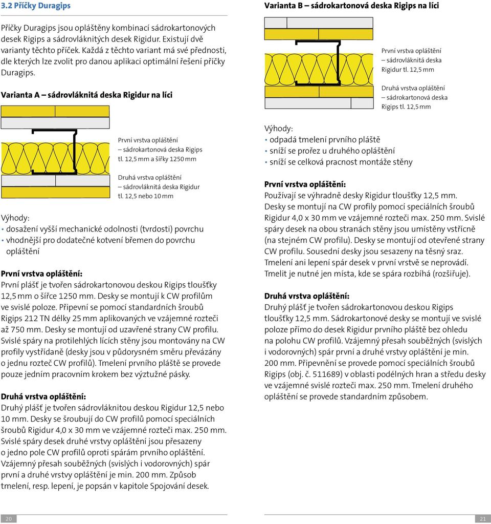Varianta A sádrovláknitá deska Rigidur na líci První vrstva opláštění sádrokartonová deska Rigips tl. 12,5 mm a šířky 1250 mm Druhá vrstva opláštění sádrovláknitá deska Rigidur tl.
