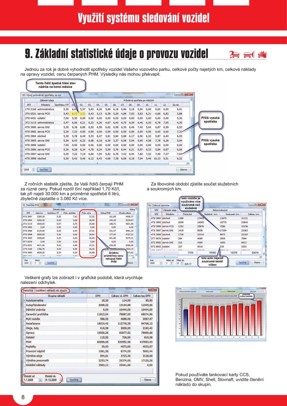 vozidel, cenu èerpaných PHM. Výsledky nás mohou pøekvapit. Z roèních statistik zjistíte, že Vaši øidièi èerpají PHM za rùzné ceny.