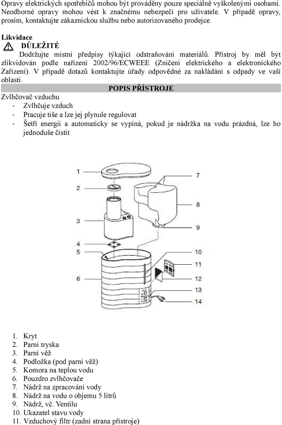 Přístroj by měl být zlikvidován podle nařízení 2002/96/ECWEEE (Zničení elektrického a elektronického Zařízení). V případě dotazů kontaktujte úřady odpovědné za nakládání s odpady ve vaší oblasti.