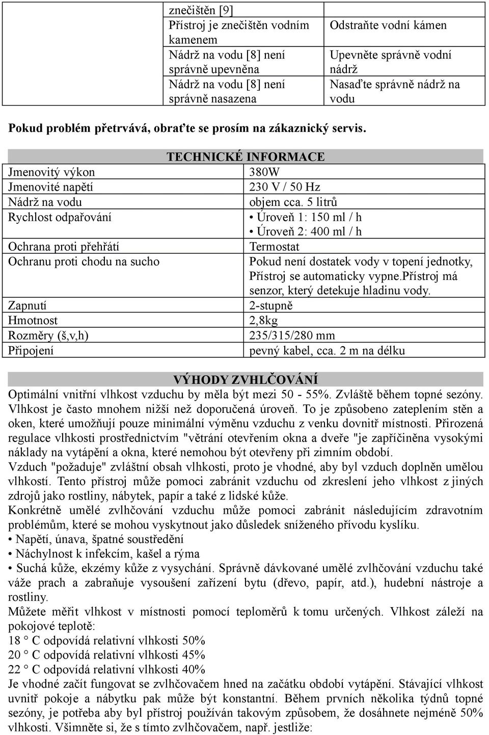 Jmenovitý výkon Jmenovité napětí Nádrž na vodu Rychlost odpařování Ochrana proti přehřátí Ochranu proti chodu na sucho Zapnutí Hmotnost Rozměry (š,v,h) Připojení TECHNICKÉ INFORMACE 380W 230 V / 50