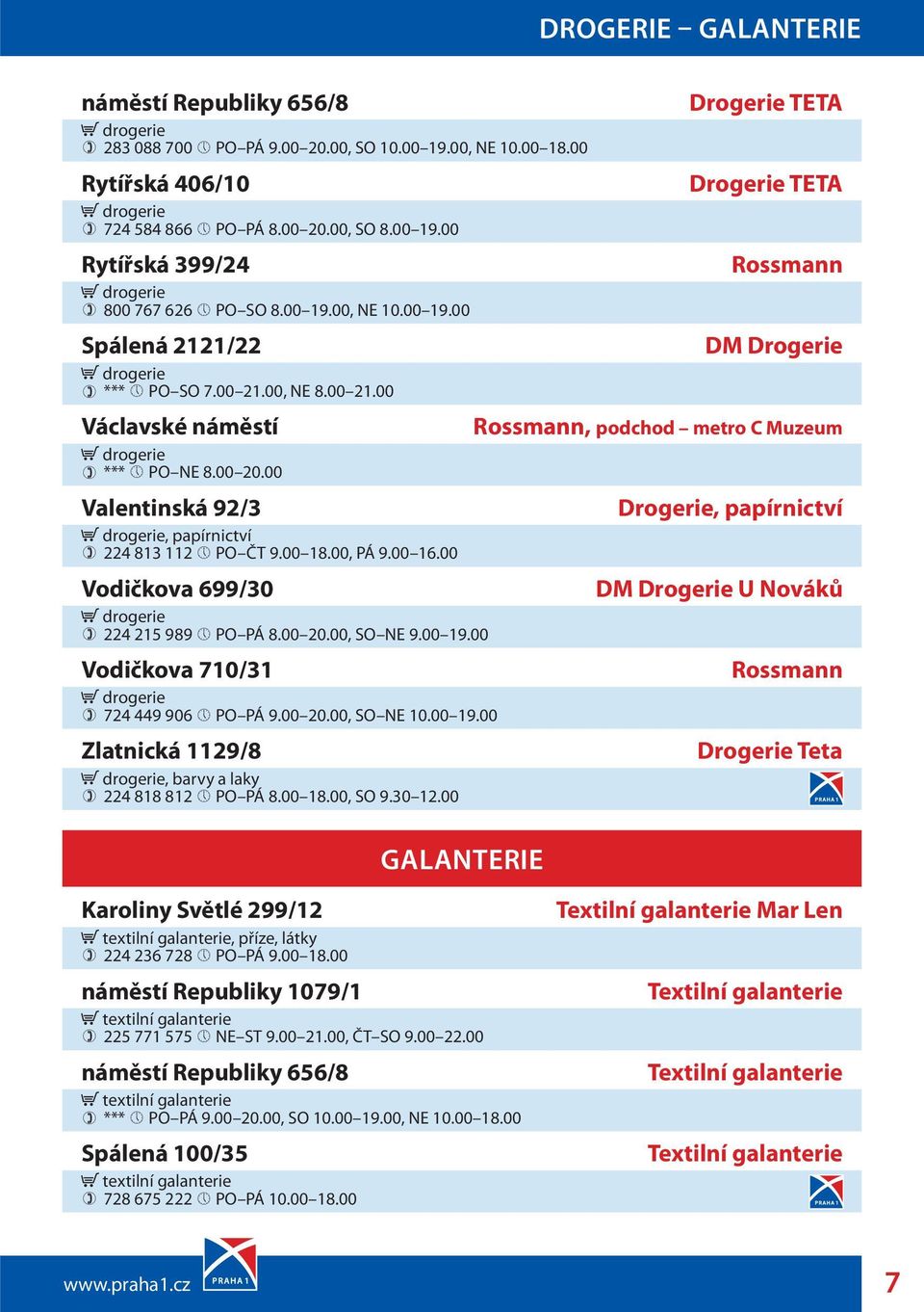 00, PÁ 9.00 16.00 Vodičkova 699/30 drogerie 224 215 989 PO PÁ 8.00 20.00, SO NE 9.00 19.00 Vodičkova 710/31 drogerie 724 449 906 PO PÁ 9.00 20.00, SO NE 10.00 19.00 Zlatnická 1129/8 drogerie, barvy a laky 224 818 812 PO PÁ 8.