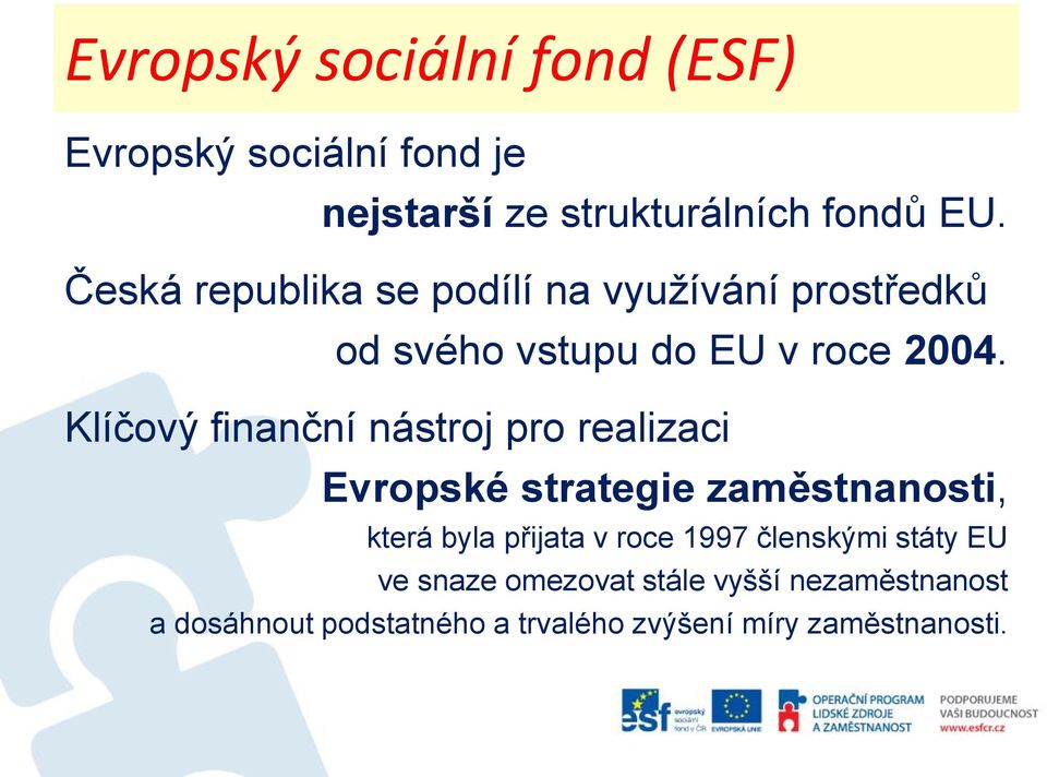 Klíčový finanční nástroj pro realizaci Evropské strategie zaměstnanosti, která byla přijata v roce