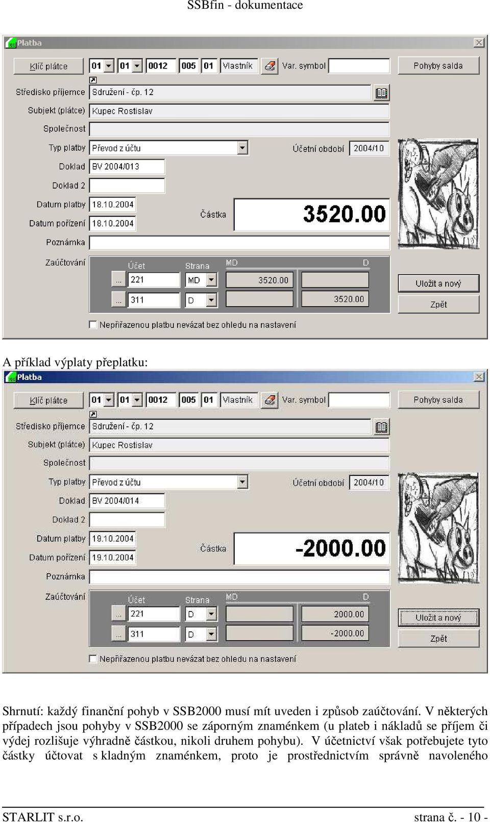 V některých případech jsou pohyby v SSB2000 se záporným znaménkem (u plateb i nákladů se příjem či