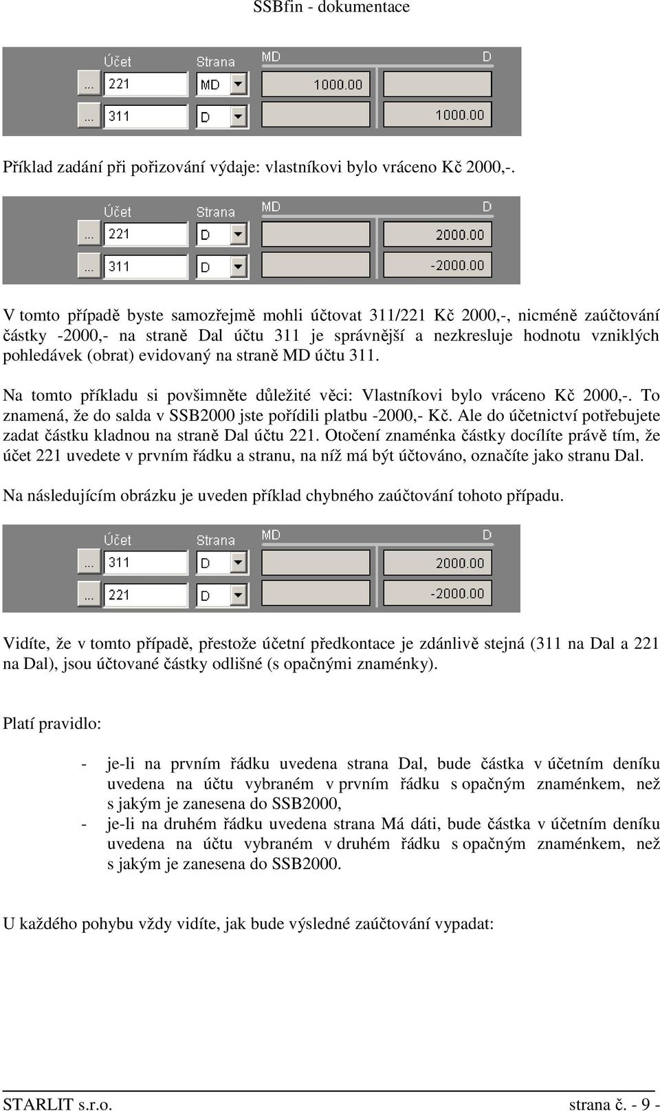 na straně MD účtu 311. Na tomto příkladu si povšimněte důležité věci: Vlastníkovi bylo vráceno Kč 2000,-. To znamená, že do salda v SSB2000 jste pořídili platbu -2000,- Kč.