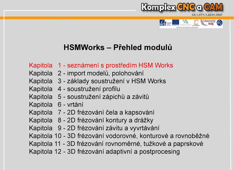 frézování čela a kapsování Kapitola 8-2D frézování kontury a drážky Kapitola 9-2D frézování závitu a vyvrtávání Kapitola 10-3D