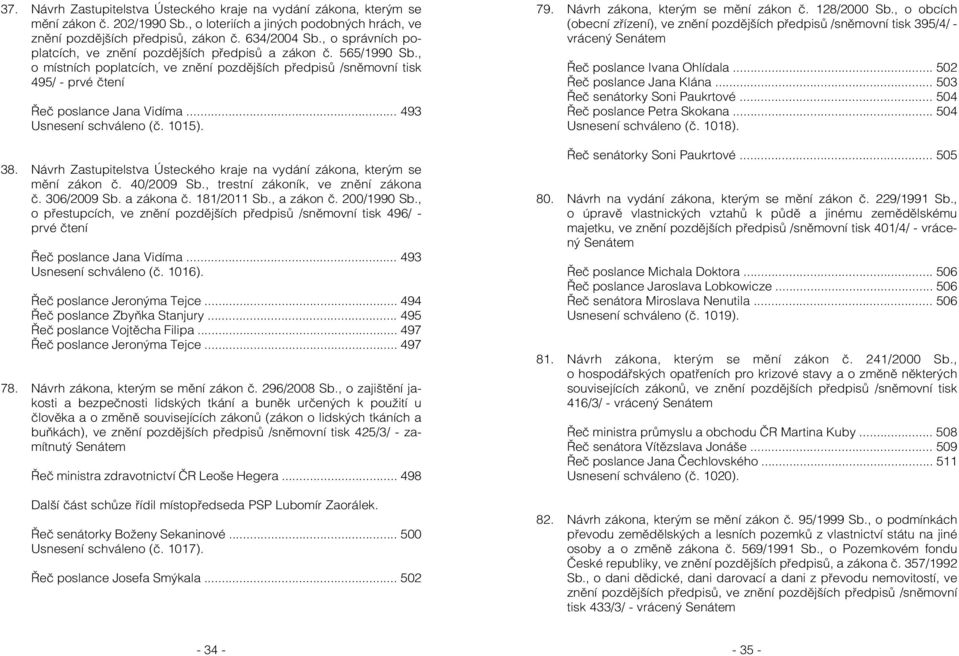 .. 493 Usnesení schváleno (č. 1015). 38. Návrh Zastupitelstva Ústeckého kraje na vydání zákona, kterým se mění zákon č. 40/2009 Sb., trestní zákoník, ve znění zákona č. 306/2009 Sb. a zákona č.