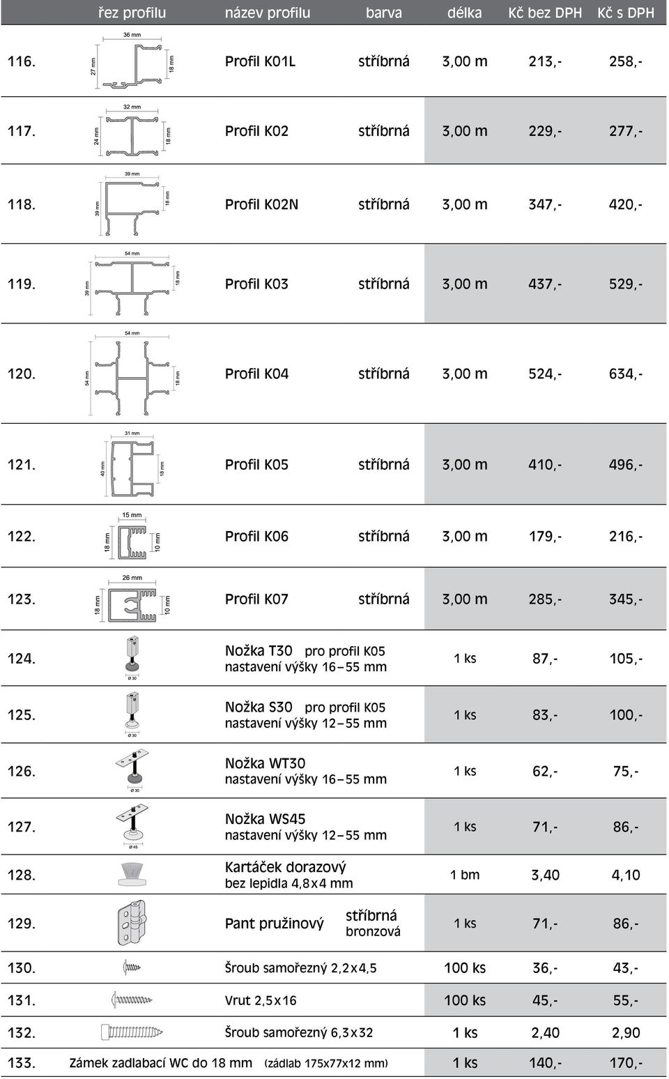 Nožka T30 pro profil K05 nastavení výšky 16 55 mm 1 ks 87,- 105,- 125. Nožka S30 pro profil K05 nastavení výšky 12 55 mm 1 ks 83,- 100,- 126. Nožka WT30 nastavení výšky 16 55 mm 1 ks 62,- 75,- 127.