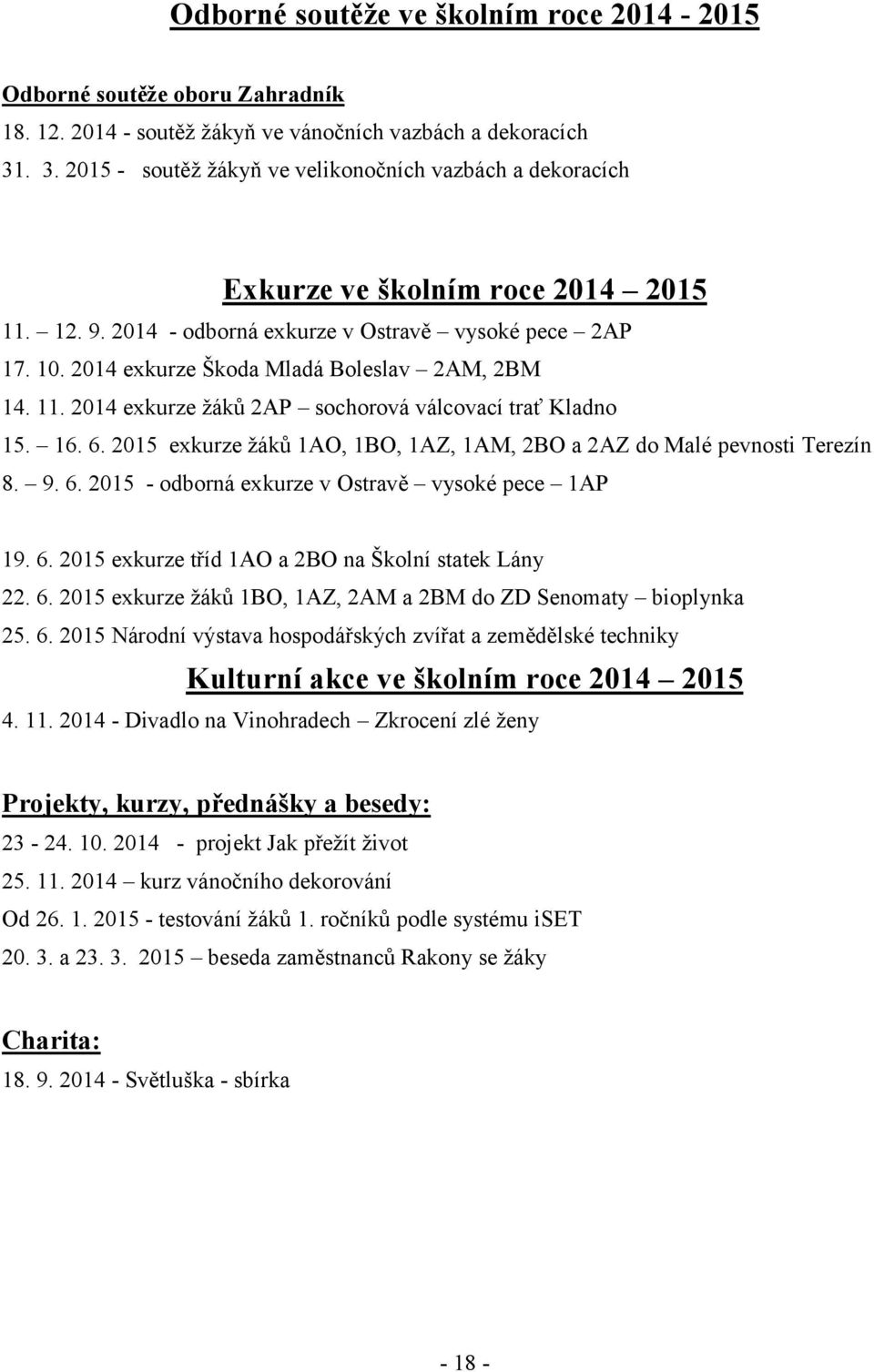 2014 exkurze Škoda Mladá Boleslav 2AM, 2BM 14. 11. 2014 exkurze žáků 2AP sochorová válcovací trať Kladno 15. 16. 6. 2015 exkurze žáků 1AO, 1BO, 1AZ, 1AM, 2BO a 2AZ do Malé pevnosti Terezín 8. 9. 6. 2015 - odborná exkurze v Ostravě vysoké pece 1AP 19.