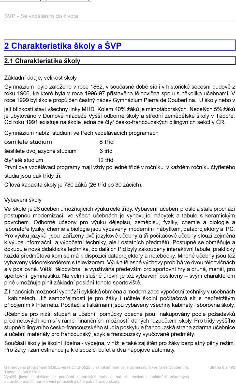 tělocvična spolu s několika učebnami. V roce 1999 byl škole propůjčen čestný název Gymnázium Pierra de Coubertina. U školy nebo v její blízkosti staví všechny linky MHD.