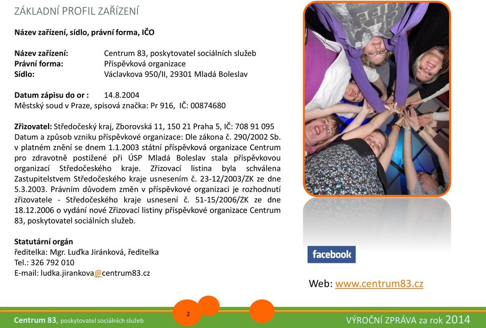 290/2002 Sb. v platném znění se dnem 1.1.2003 státní příspěvková organizace Centrum pro zdravotně postižené při ÚSP Mladá Boleslav stala příspěvkovou organizací Středočeského kraje.