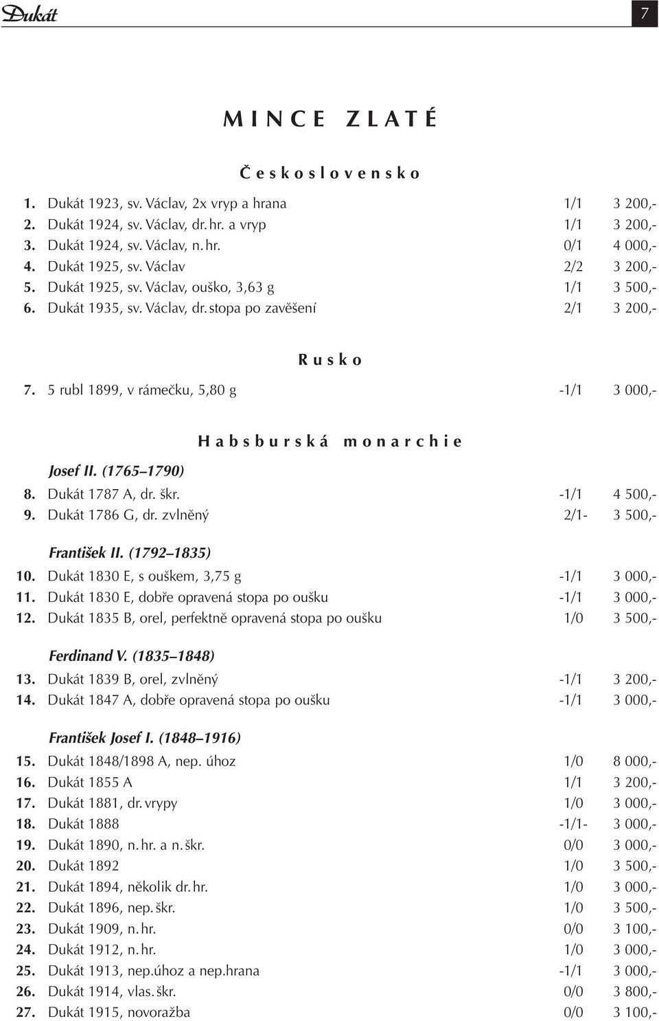 5 rubl 1899, v rámečku, 5,80 g -1/1 3 000,- Josef II. (1765 1790) H a b s b u r s k á m o n a r c h i e 8. Dukát 1787 A, dr. škr. -1/1 4 500,- 9. Dukát 1786 G, dr. zvlněný 2/1-3 500,- František II.