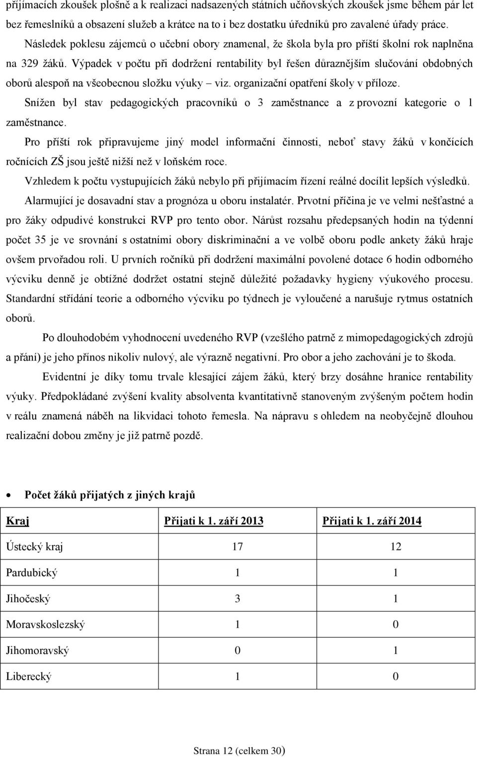 Výpadek v počtu při dodržení rentability byl řešen důraznějším slučování obdobných oborů alespoň na všeobecnou složku výuky viz. organizační opatření školy v příloze.