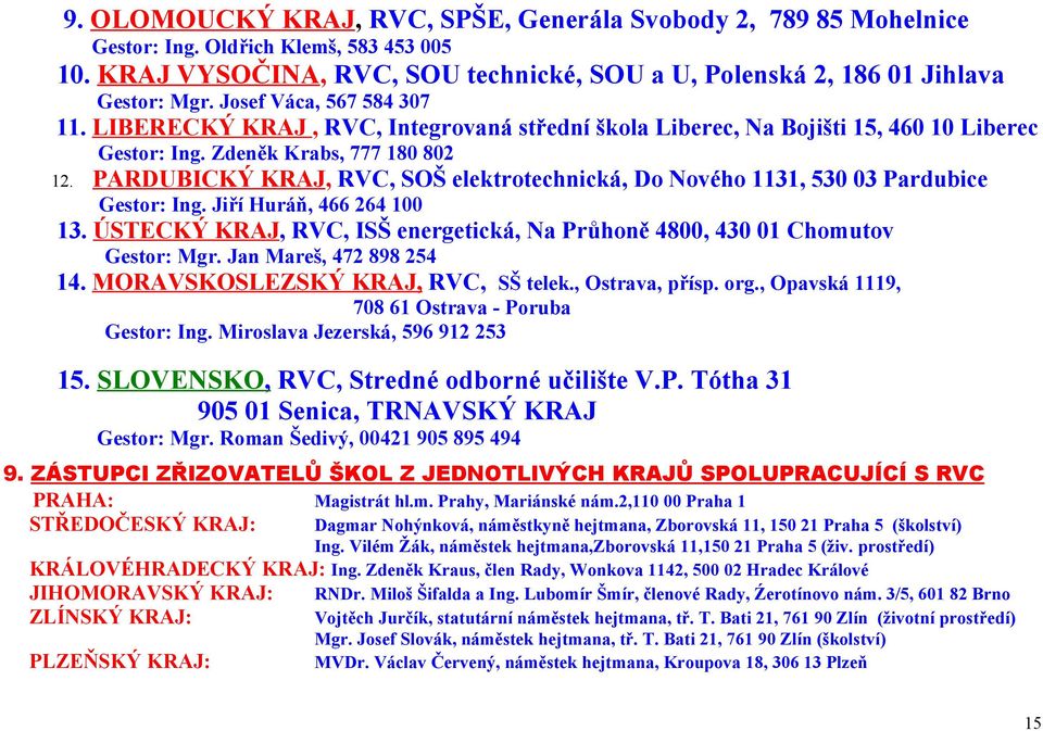 PARDUBICKÝ KRAJ, RVC, SOŠ elektrotechnická, Do Nového 1131, 530 03 Pardubice Gestor: Ing. Jiří Huráň, 466 264 100 13. ÚSTECKÝ KRAJ, RVC, ISŠ energetická, Na Průhoně 4800, 430 01 Chomutov Gestor: Mgr.