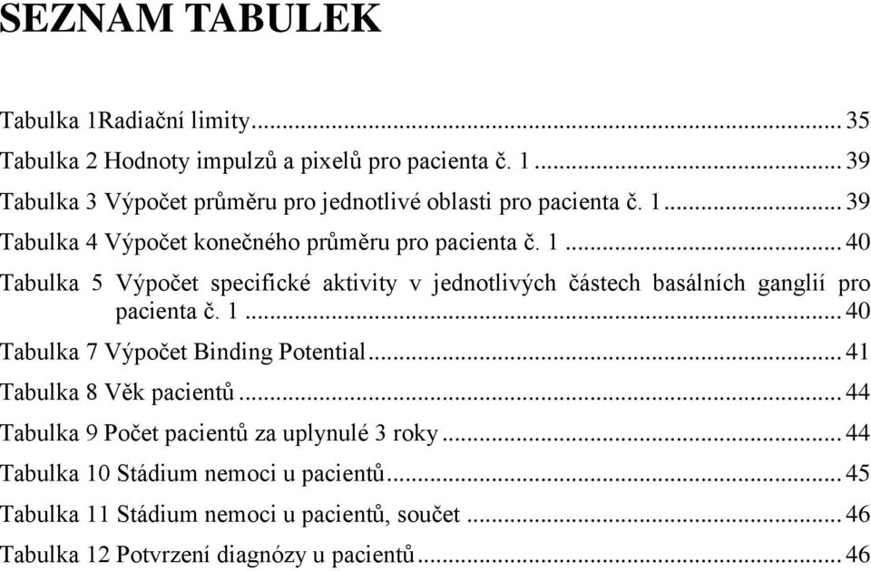 .. 40 Tabulka 5 Výpočet specifické aktivity v jednotlivých částech basálních ganglií pro pacienta č. 1... 40 Tabulka 7 Výpočet Binding Potential.