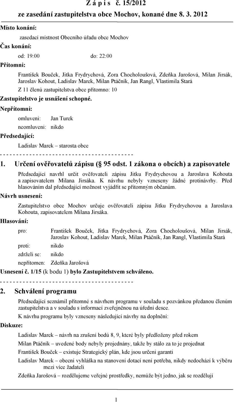 Jaroslav Kohout, Ladislav Marek, Milan Ptáčník, Jan Rangl, Vlastimila Stará Z 11 členů zastupitelstva obce přítomno: 10 Zastupitelstvo je usnášení schopné.