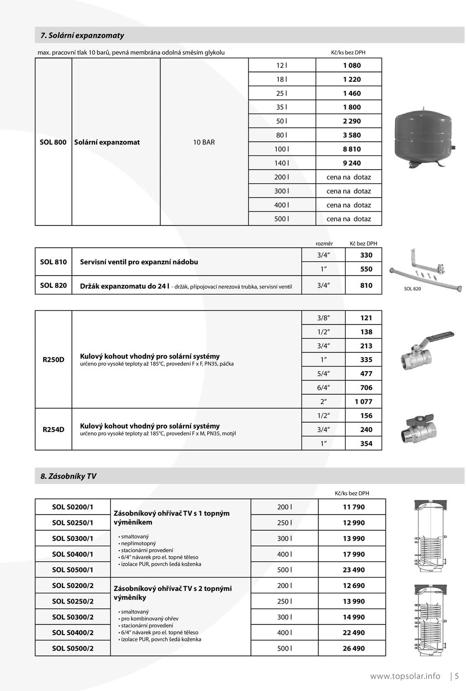 200 l cena na dotaz 300 l cena na dotaz 400 l cena na dotaz 500 l cena na dotaz SOL 810 Servisní ventil pro expanzní nádobu rozměr 3/4 330 1 550 SOL 820 Držák expanzomatu do 24 l - držák, připojovací