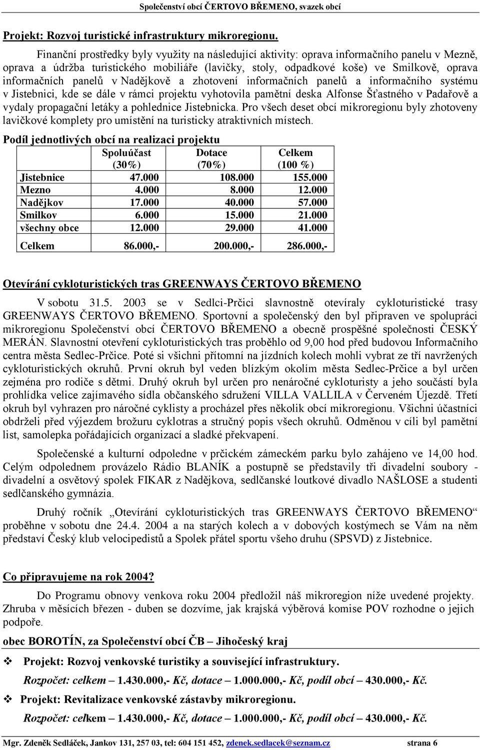 panelů v Nadějkově a zhotovení informačních panelů a informačního systému v Jistebnici, kde se dále v rámci projektu vyhotovila pamětní deska Alfonse Šťastného v Padařově a vydaly propagační letáky a