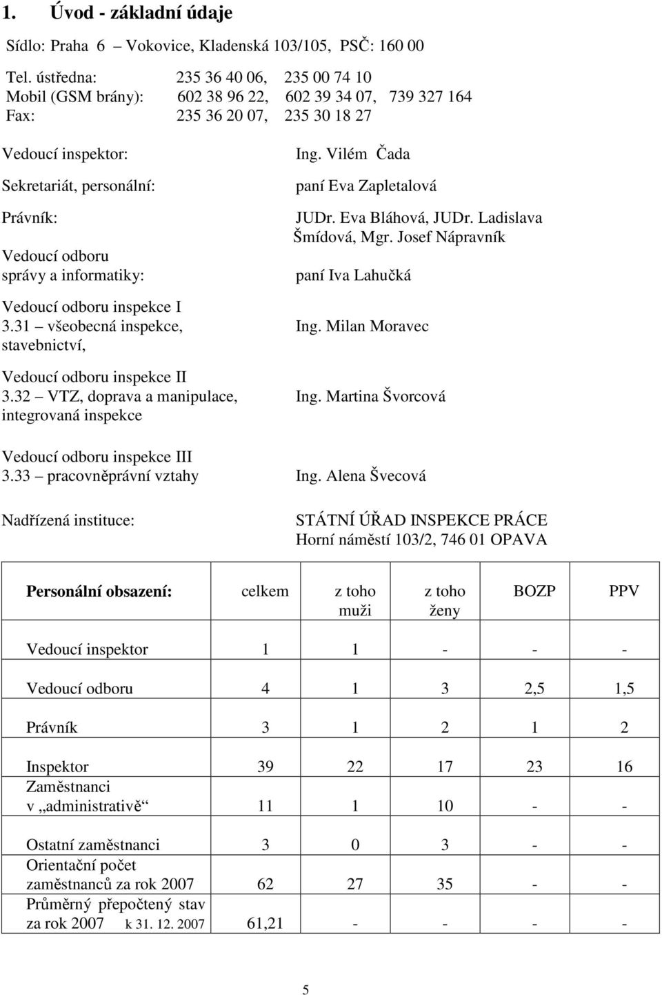 správy a informatiky: Ing. Vilém Čada paní Eva Zapletalová JUDr. Eva Bláhová, JUDr. Ladislava Šmídová, Mgr. Josef Nápravník paní Iva Lahučká Vedoucí odboru inspekce I 3.31 všeobecná inspekce, Ing.