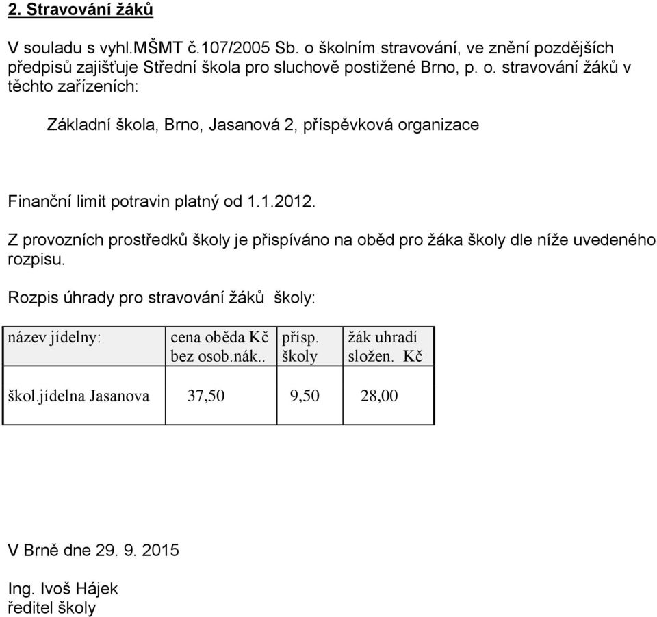 stravování žáků v těchto zařízeních: Základní škola, Brno, Jasanová 2, příspěvková organizace Finanční limit potravin platný od 1.1.2012.