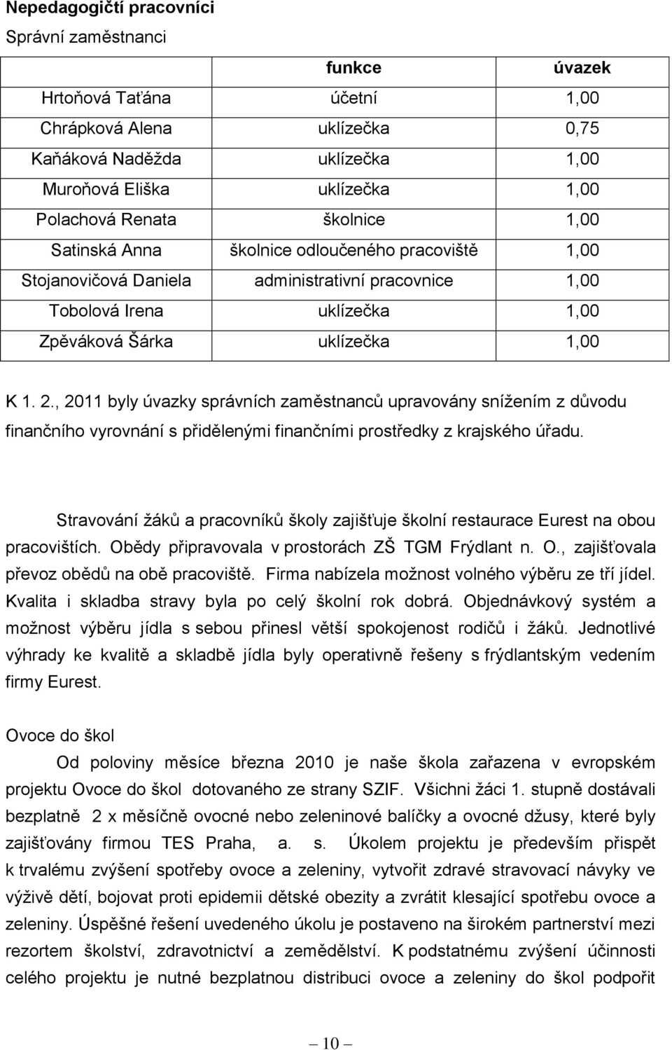 , 2011 byly úvazky správních zaměstnanců upravovány sníţením z důvodu finančního vyrovnání s přidělenými finančními prostředky z krajského úřadu.