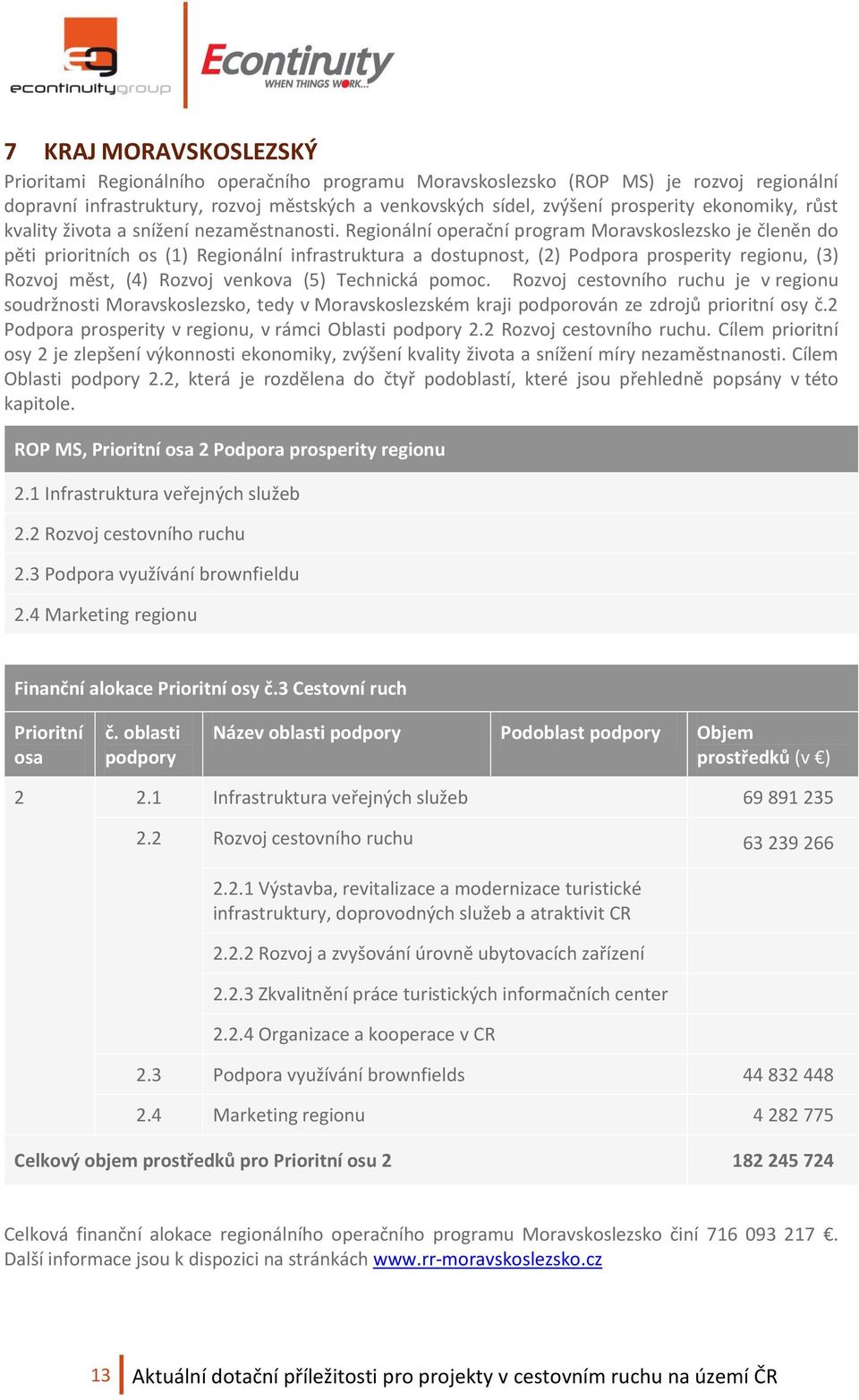 Regionální operační program Moravskoslezsko je členěn do pěti prioritních os (1) Regionální infrastruktura a dostupnost, (2) Podpora prosperity regionu, (3) Rozvoj měst, (4) Rozvoj venkova (5)